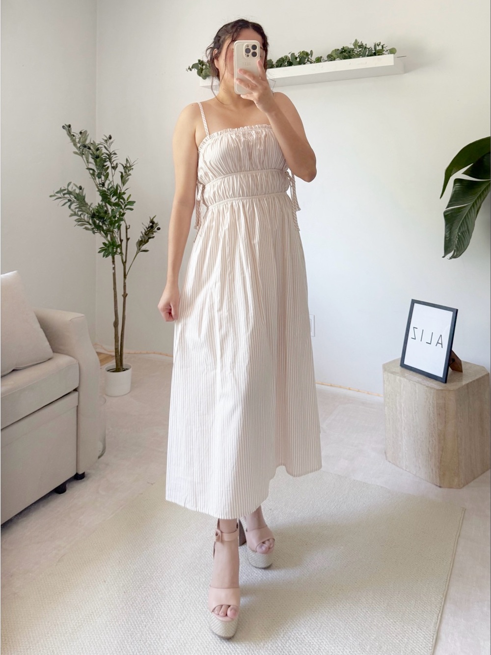 Smocked Cream Striped Maxi Dress with Adjustable Side Ties - Picture 2 of 11
